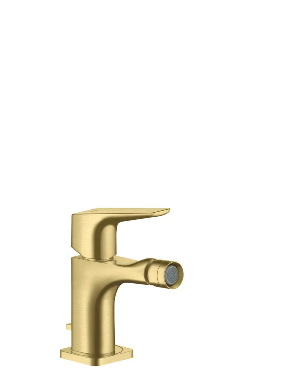 Einhebel-Bidetmischer von AXOR in brushed brass-Finish, mit integrierter Zugstangen-Ablaufgarnitur und hohem Hebelgriff.